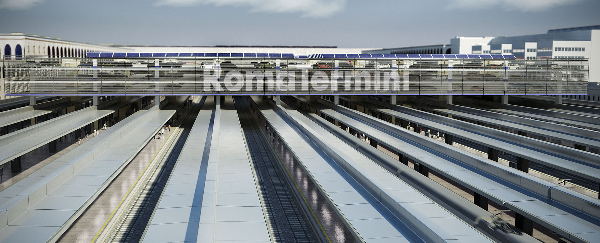 Rendering del nuovo parcheggio sopra i binari della stazione di Roma Termini