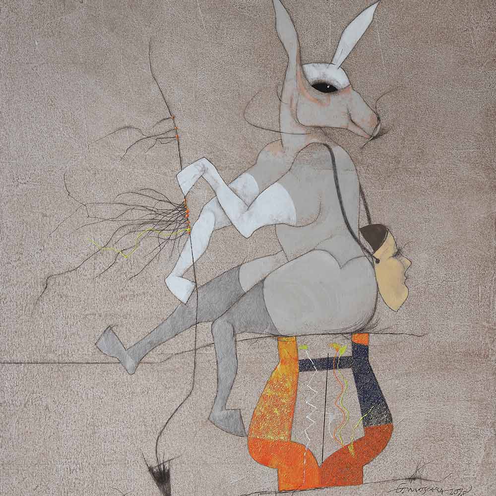 Giancarlo Moscara, L'asino arpista (2018) acrilico su tela cm 120x100