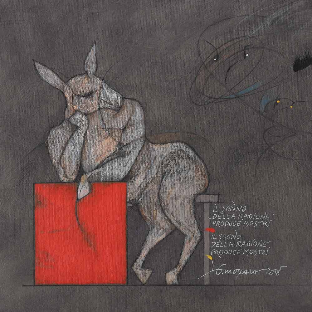 Giancarlo Moscara, Il sonno della ragione produce mostri (2018) acrilico su tela cm 40x40
