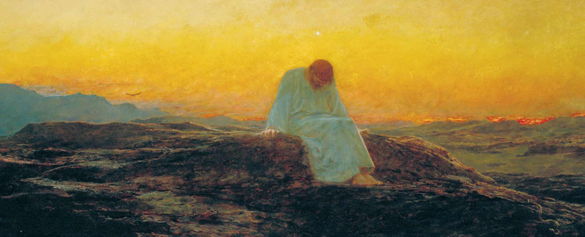 Dipinto: Briton Rivière, La tentazione nel deserto (1898), Guildhall Art Gallery, Londra