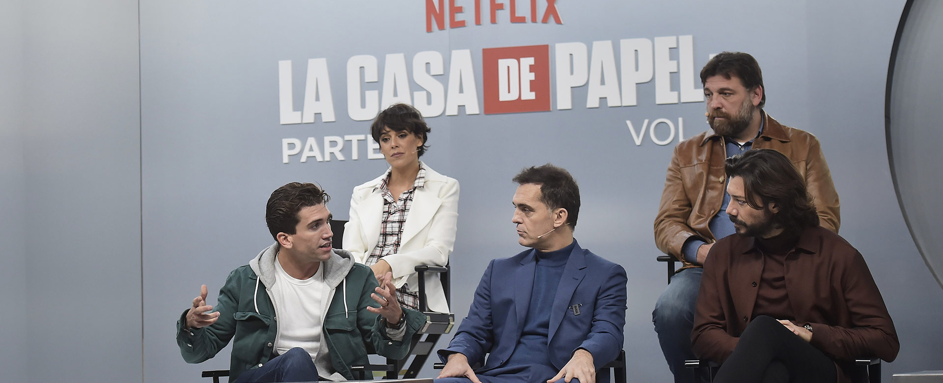 Uno scatto della conferenza stampa globale di presentazione dell'ultima parte di La Casa di Carta 5