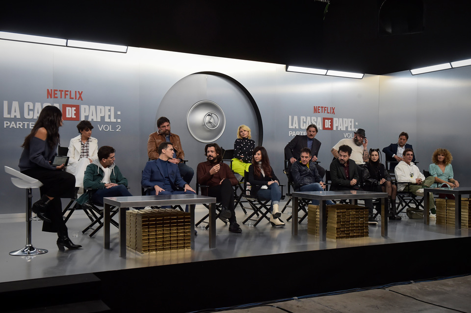 Un momento della conferenza stampa di La Casa di Carta 5 Photo by Juan Naharro Gimenez/Getty Images for Netflix