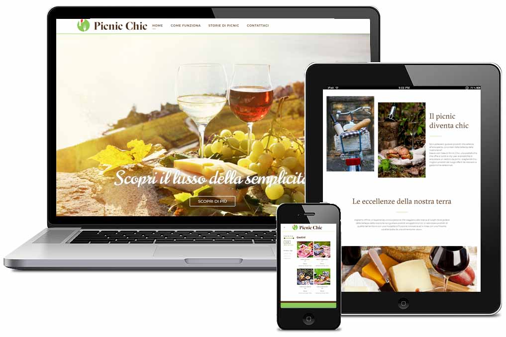 Pc, tablet e smartphone con schermate del sito di Picnic Chic