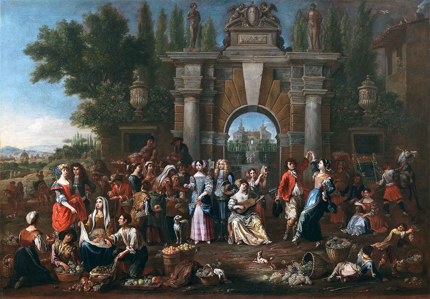 Scuola romana, Festa in villa ,XVII – XVIII secolo, olio su tela, Collezione privata, Roma