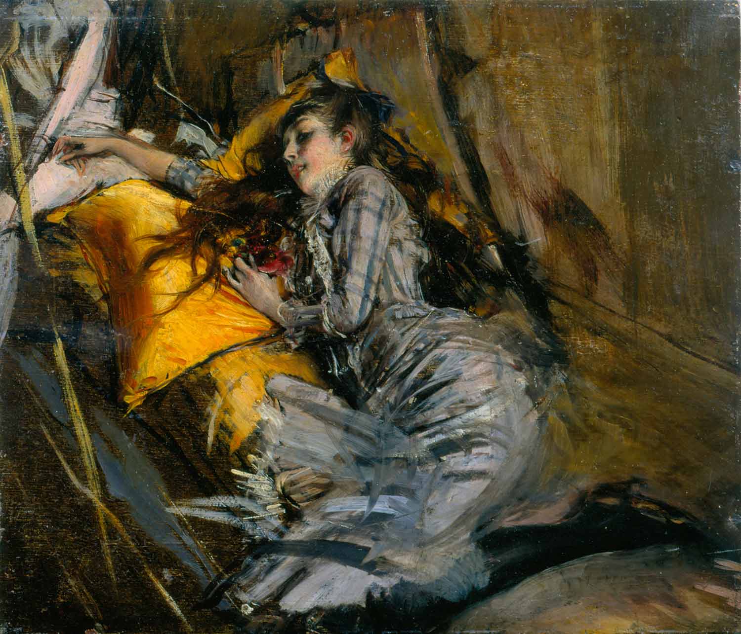 Ragazza sdraiata con abito scozzese (1891 circa) di Giovanni Boldini Collezione privata Courtesy Gallerie Enrico