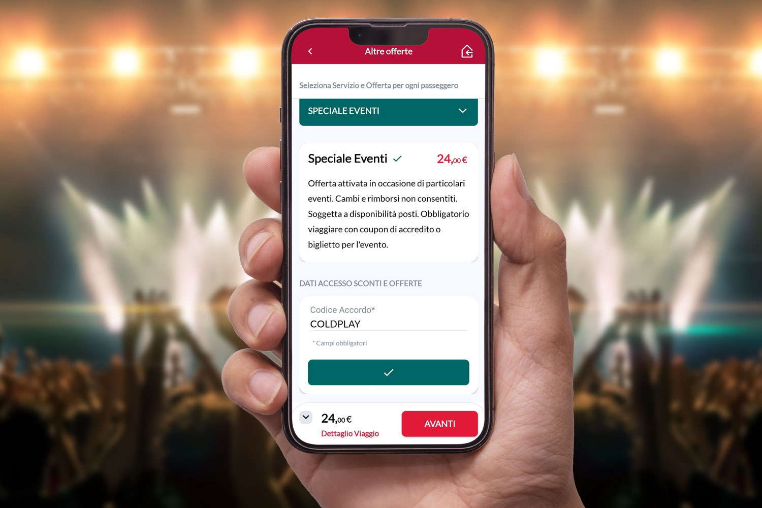 App Trenitalia schermata speciale eventi Coldplay