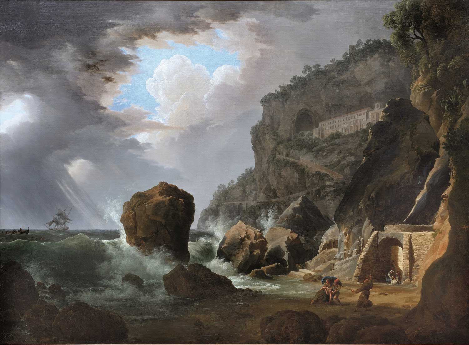 Joseph Rebell, Burrasca nella spiaggia di Amalfi con il convento dei Cappuccini (1813)