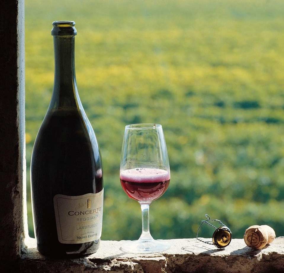 Lambrusco Concerto dell'azienda Medici Ermete, uno dei primissimi cru, chiamato dagli americani “single Wineyard”, le cui uve provengono da un singolo vigneto di Lambrusco Salamino