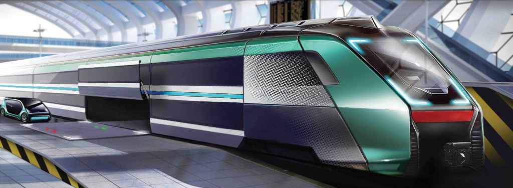 Rendering di Crain Mobility con auto elettrica a bordo di un treno