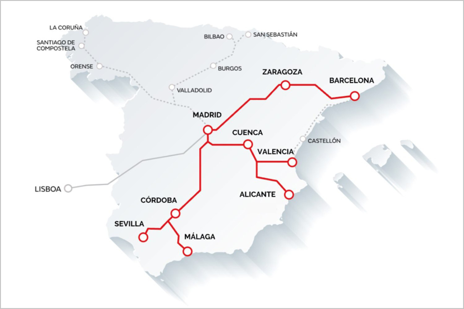 La mappa dei futuri collegamenti di Iryo in Spagna