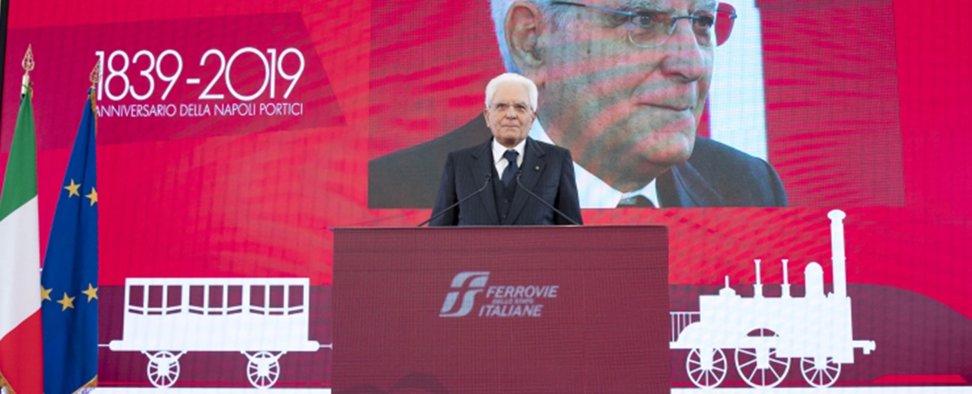 Il Presidente della Repubblica Sergio Mattarella interviene alla cerimonia in occasione del 180°anniversario della linea ferroviaria Napoli – Portici, il 5 ottobre 2019 ©Quirinale