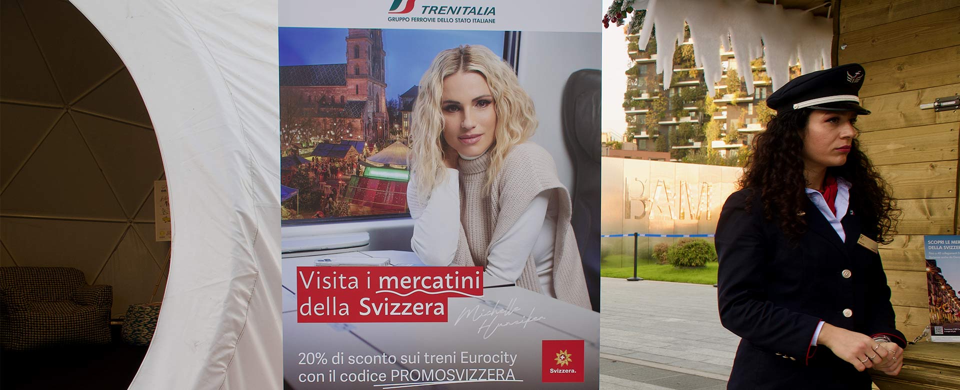 Michelle Hunziker nella locandina dell'offerta PromoSvizzera di Trenitalia