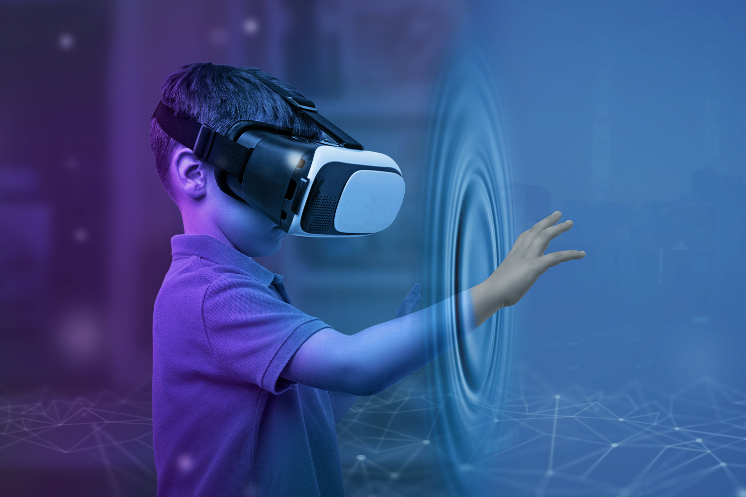 Boy with VR glasses from his room touches the metaverse with his hand. Copy space on blue background