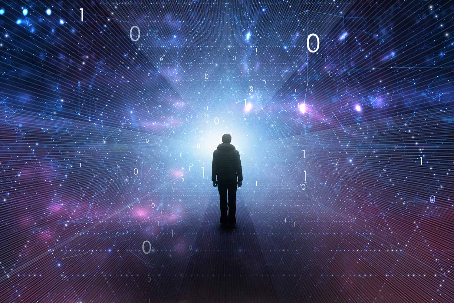 Silhouette of a man standing in digital future metaverse cyberspace.