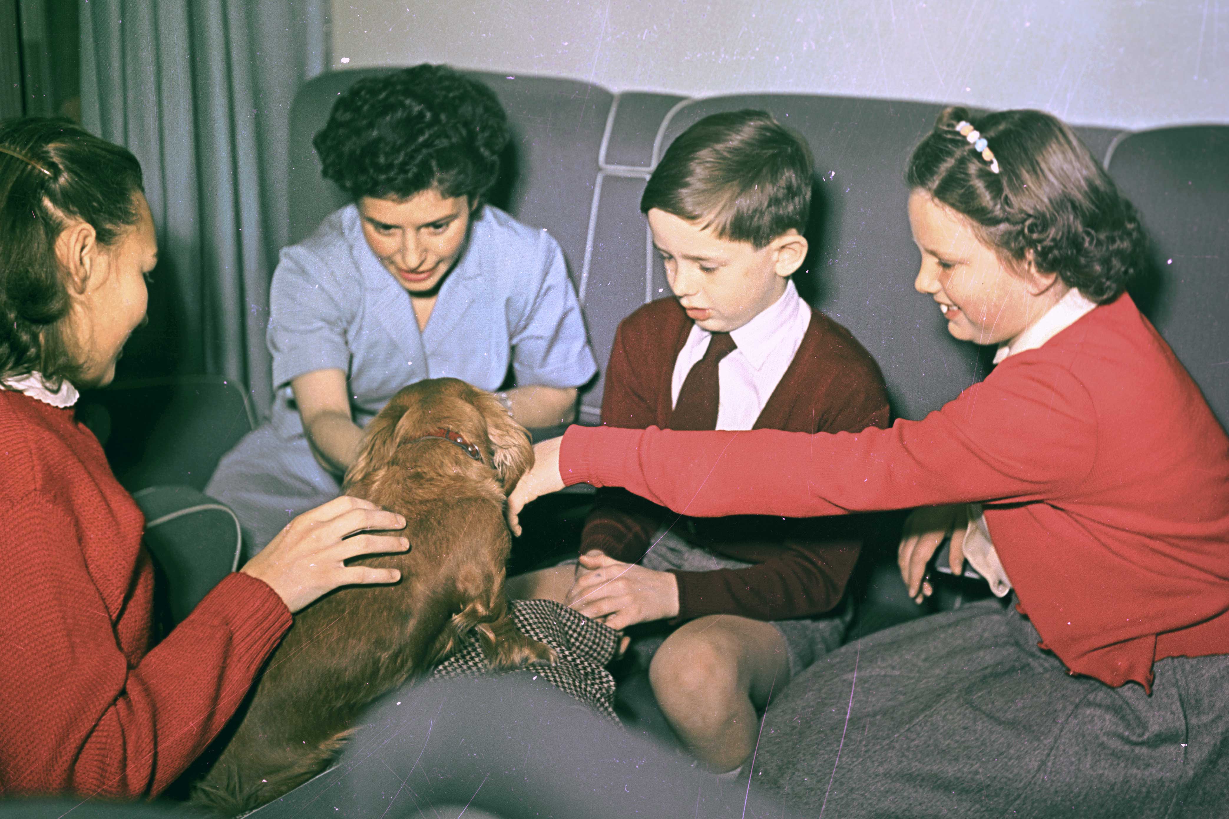 Bambini con un cagnolino in treno negli anni '60