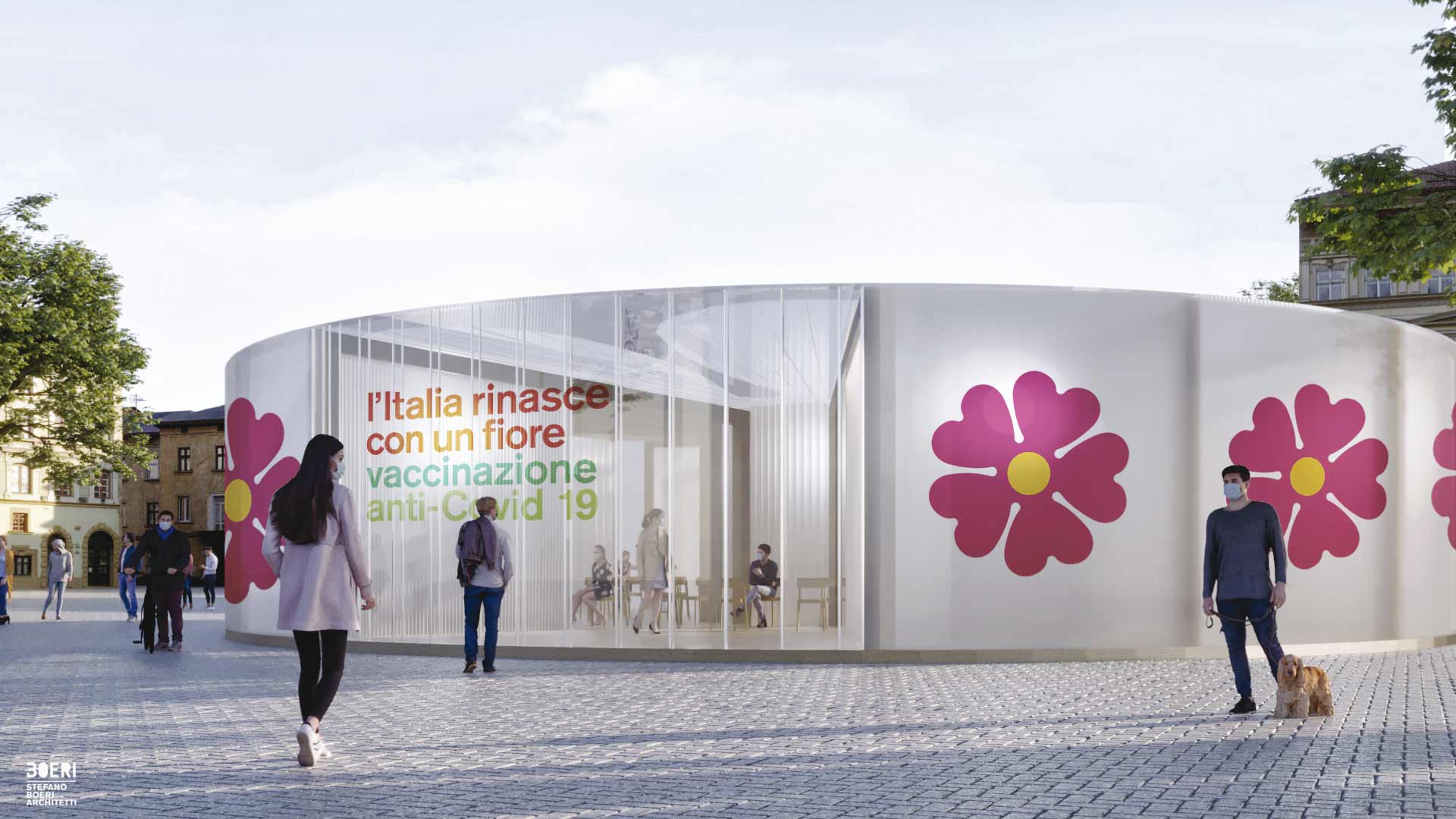 L’Italia rinasce con un fiore, padiglione per la campagna di vaccinazione anti Covid-19 © Stefano Boeri Architetti