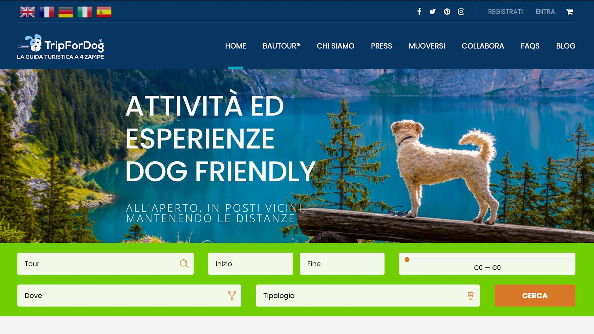 La schermata dell'home page del sito TripForDog