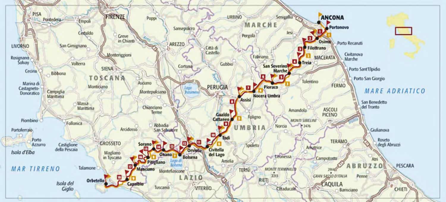 La mappa del cammino Italia Coast to Coast