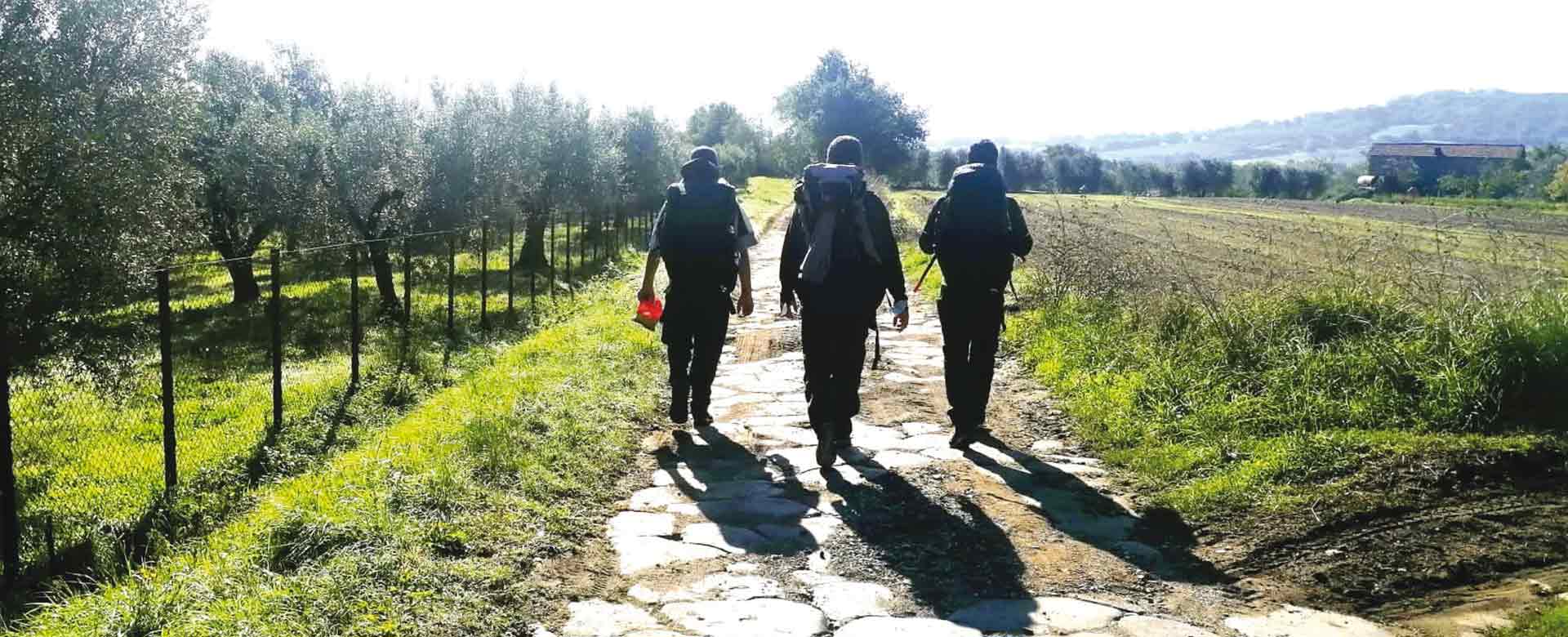 Immagine della Via Francigena, in cammino sui basoli dell'antica Via Cassia